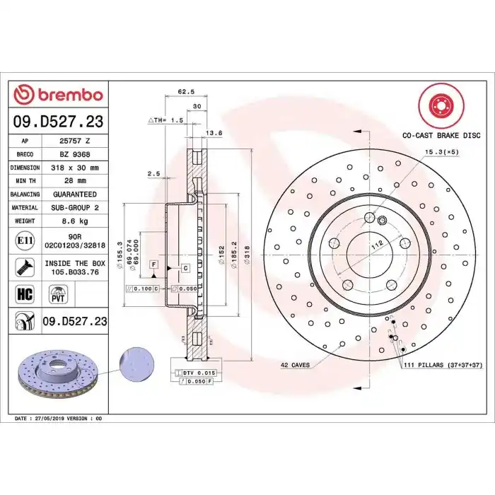 Coppia Dischi Freno 09.D527.23 BREMBO per MERCEDES-BENZ Professionale