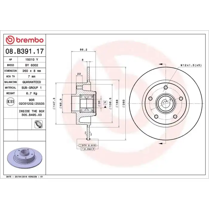 Discofreno Singolo 08.B391.17 BREMBO per RENAULT Nuova Collezione